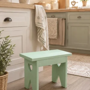 Sgabello con cuori intagliati in legno